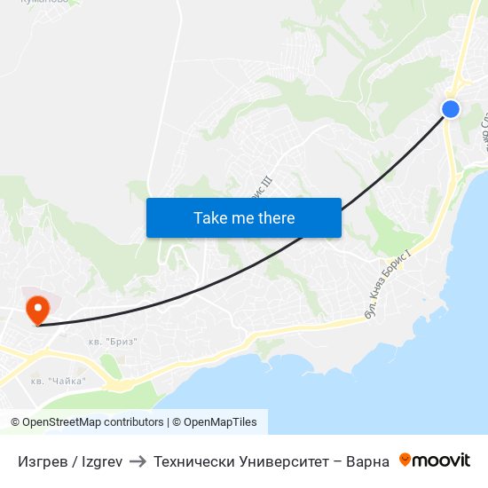 Изгрев / Izgrev to Технически Университет – Варна map