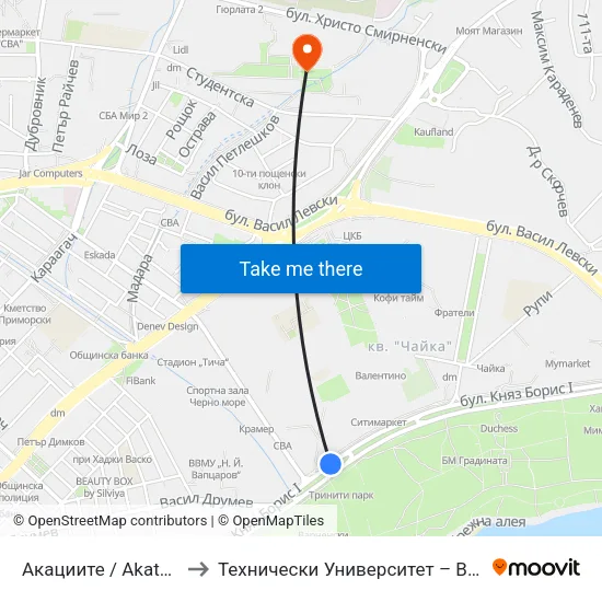 Акациите / Akatsiite to Технически Университет – Варна map