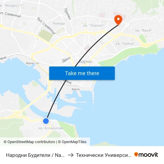 Народни Будители / Narodni Buditeli to Технически Университет – Варна map