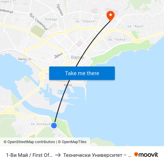 1-Ви Май / First Of May to Технически Университет – Варна map