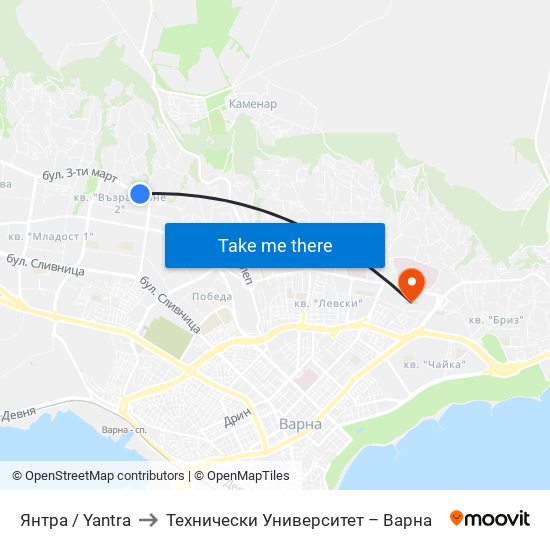 Янтра / Yantra to Технически Университет – Варна map