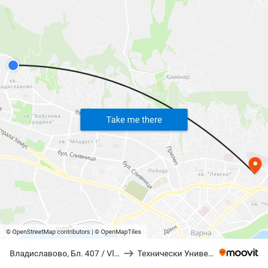 Владиславово, Бл. 407 / Vladislavovo Qr, Bl. 407 to Технически Университет – Варна map