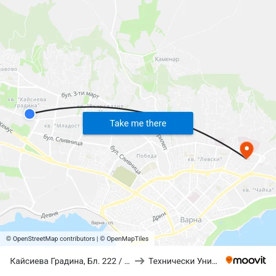 Кайсиева Градина, Бл. 222 / Kaysieva Gradina Qr, Bl. 222 to Технически Университет – Варна map