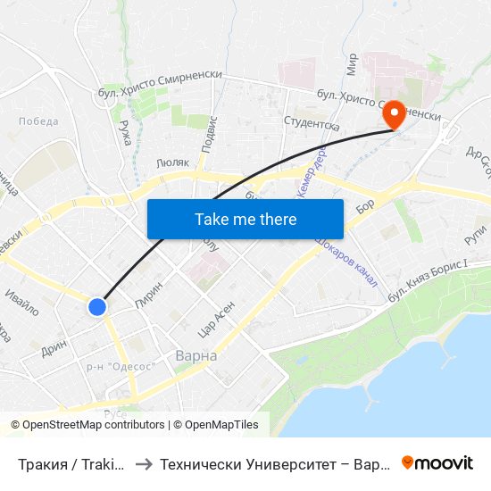 Тракия / Trakiya to Технически Университет – Варна map