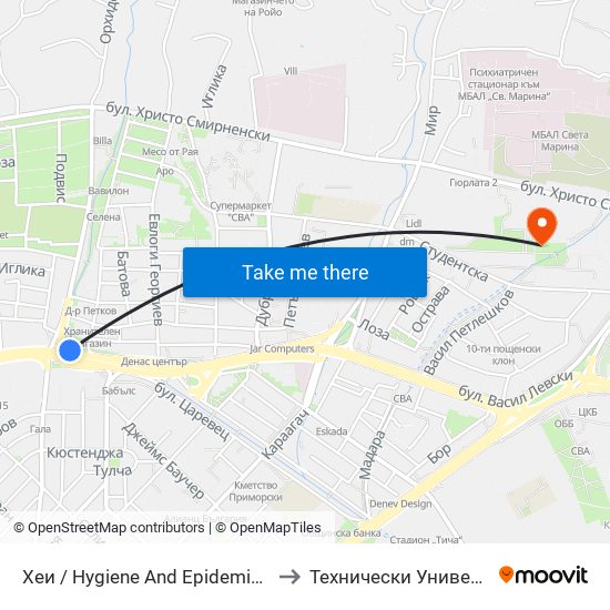 Хеи / Hygiene And Epidemiological Inspectorate to Технически Университет – Варна map