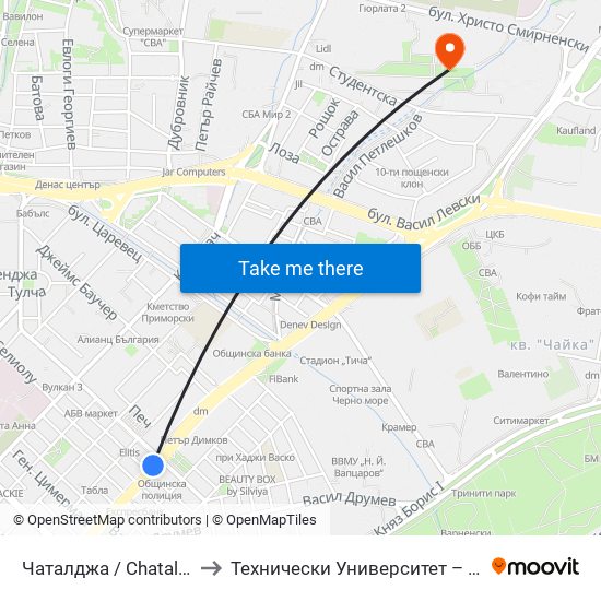 Чаталджа / Chataldzha to Технически Университет – Варна map