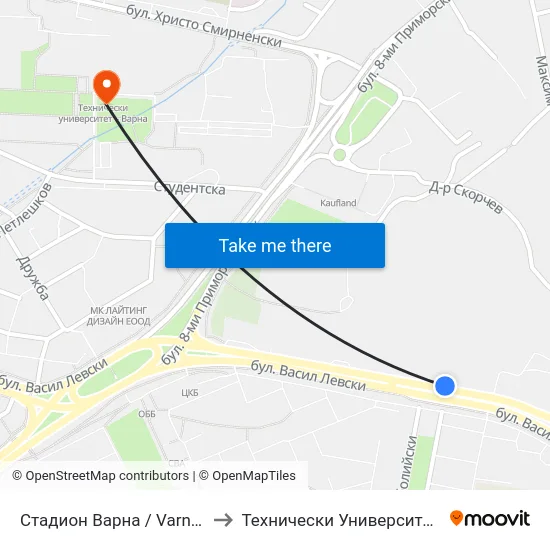 Стадион Варна / Varna Stadium to Технически Университет – Варна map