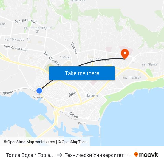 Топла Вода / Topla Voda to Технически Университет – Варна map