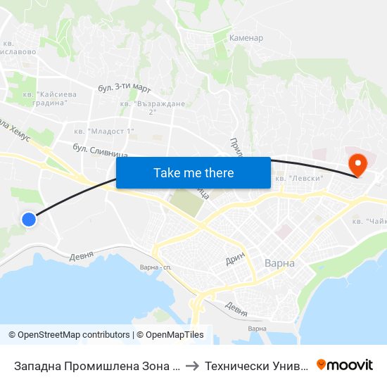 Западна Промишлена Зона / Western Industrial Zone to Технически Университет – Варна map