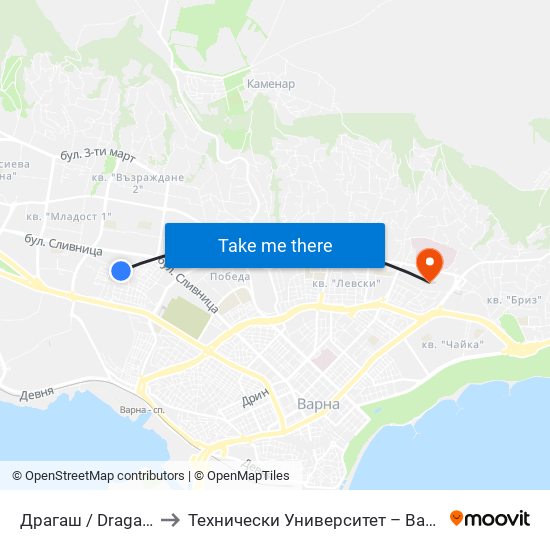 Драгаш / Dragash to Технически Университет – Варна map