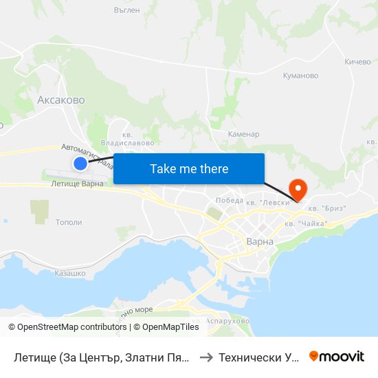 Летище  (За Център, Златни Пясъци) / Airport  (For Center, Golden Sands) to Технически Университет – Варна map
