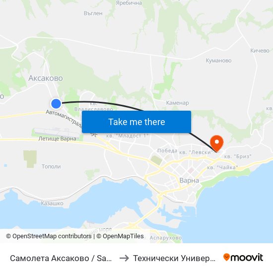 Самолета Аксаково / Samoleta Aksakovo to Технически Университет – Варна map