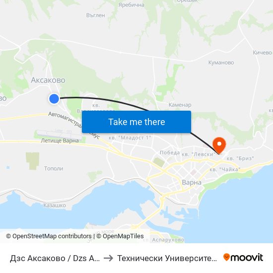 Дзс Аксаково / Dzs Aksakovo to Технически Университет – Варна map