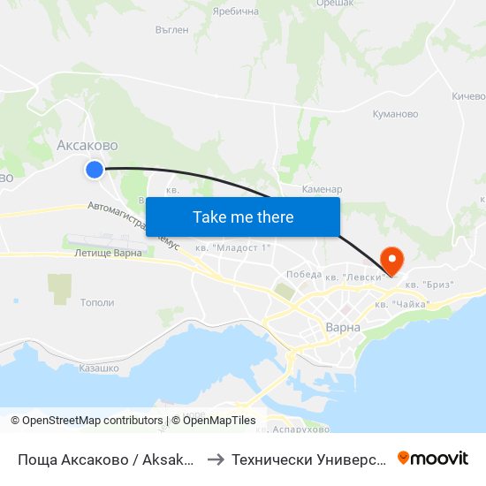 Поща Аксаково / Aksakovo Post Office to Технически Университет – Варна map