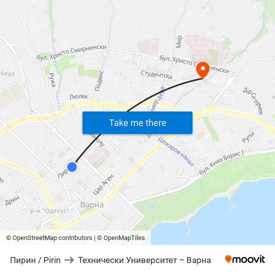 Пирин / Pirin to Технически Университет – Варна map