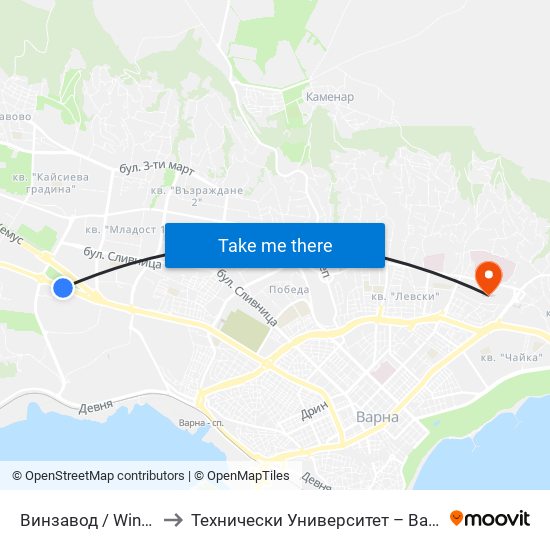 Винзавод / Winery to Технически Университет – Варна map