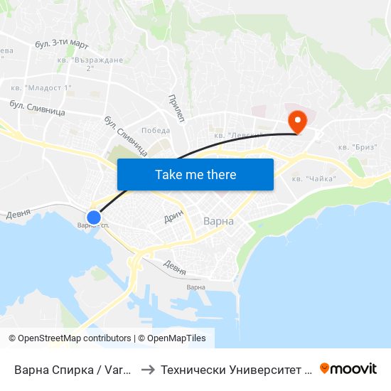 Варна Спирка / Varna Stop to Технически Университет – Варна map