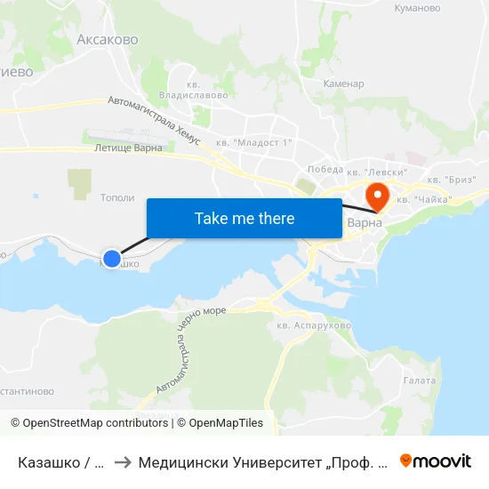 Казашко / Kazashko to Медицински Университет „Проф. Д-Р Параскев Стоянов“ map
