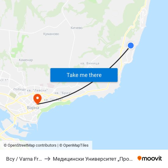 Всу / Varna Free University to Медицински Университет „Проф. Д-Р Параскев Стоянов“ map