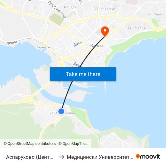 Аспарухово (Център) / Asparuhovo (Center) to Медицински Университет „Проф. Д-Р Параскев Стоянов“ map