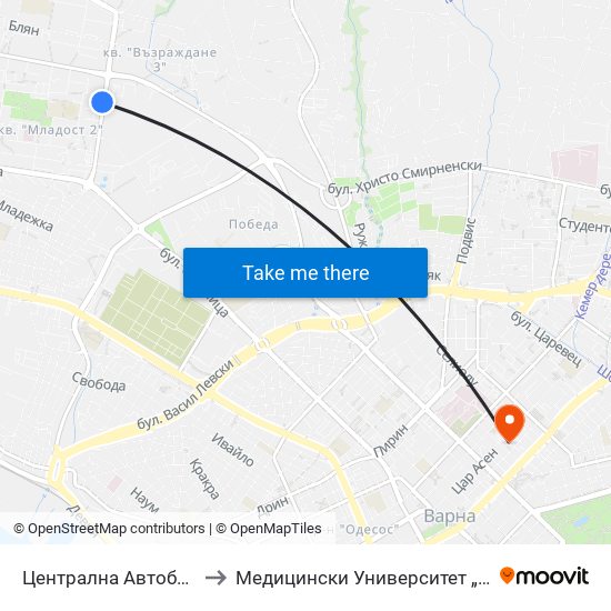 Централна Автобаза / Central Autobase to Медицински Университет „Проф. Д-Р Параскев Стоянов“ map