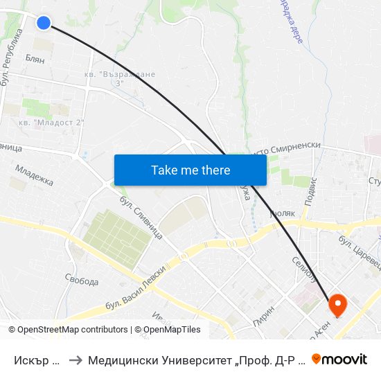 Искър / Iskar to Медицински Университет „Проф. Д-Р Параскев Стоянов“ map