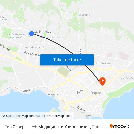 Тис Север / Tis North to Медицински Университет „Проф. Д-Р Параскев Стоянов“ map