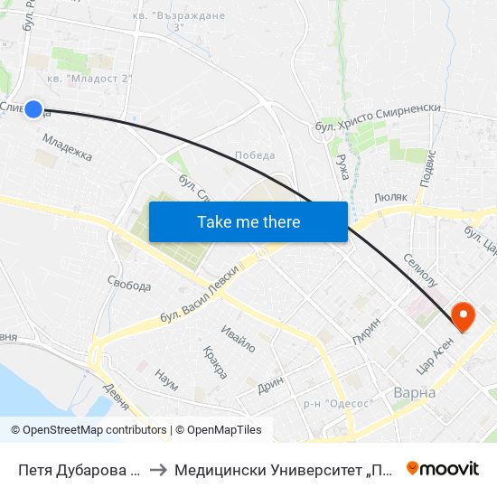 Петя Дубарова / Petya Dubarova to Медицински Университет „Проф. Д-Р Параскев Стоянов“ map