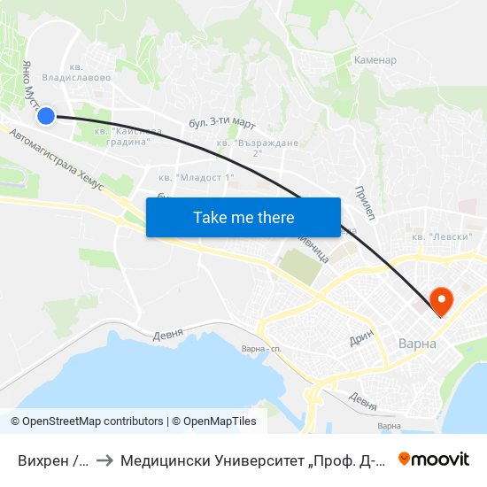 Вихрен / Vihren to Медицински Университет „Проф. Д-Р Параскев Стоянов“ map