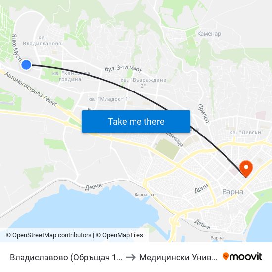 Владиславово (Обръщач 118 Газстанция) / Vladislavovo (Tumbler 118 Gas Station) to Медицински Университет „Проф. Д-Р Параскев Стоянов“ map