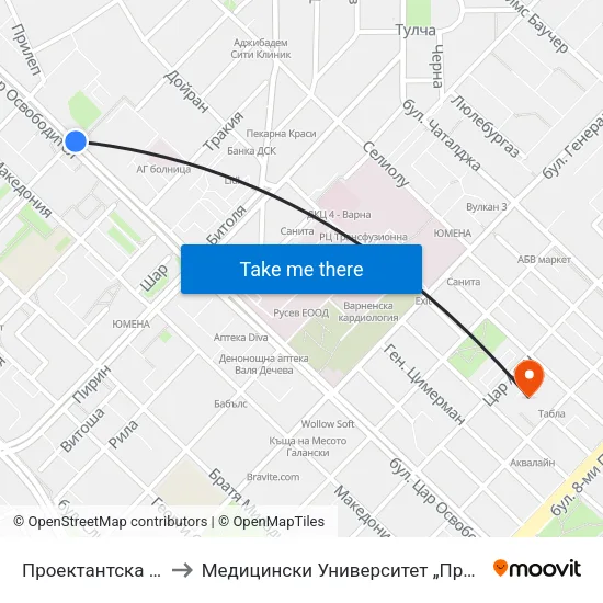 Проектантска / Proektantska to Медицински Университет „Проф. Д-Р Параскев Стоянов“ map