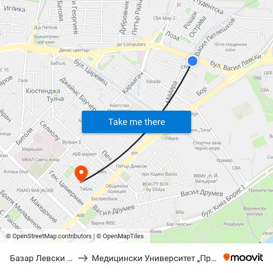 Базар Левски / Levski Market to Медицински Университет „Проф. Д-Р Параскев Стоянов“ map