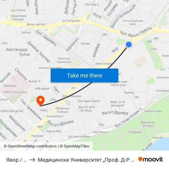 Явор / Yavor to Медицински Университет „Проф. Д-Р Параскев Стоянов“ map