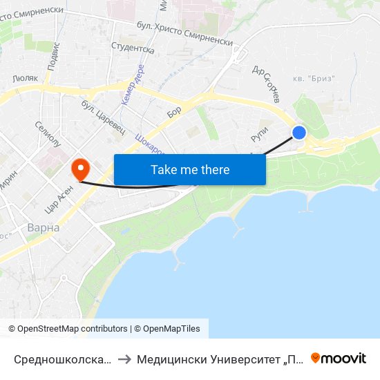 Средношколска / Srednoshkolska to Медицински Университет „Проф. Д-Р Параскев Стоянов“ map