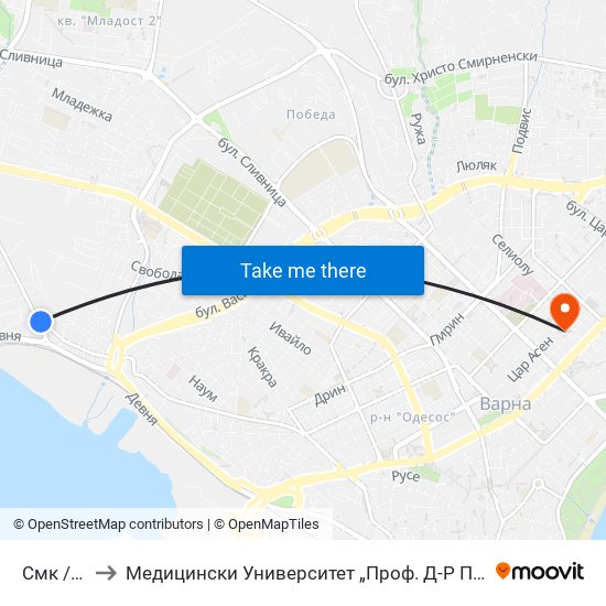 Смк / Smk to Медицински Университет „Проф. Д-Р Параскев Стоянов“ map