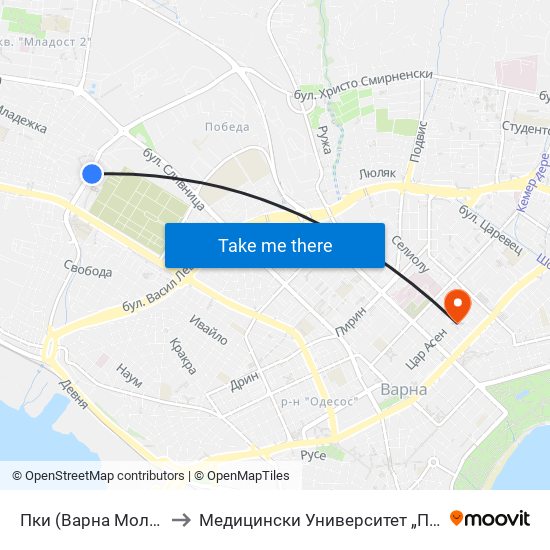 Пки (Варна Мол) / Pki (Varna Mall) to Медицински Университет „Проф. Д-Р Параскев Стоянов“ map