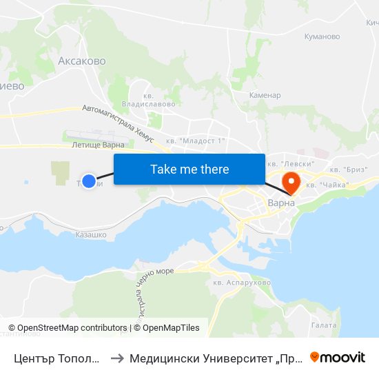 Център Тополи / Center Topoli to Медицински Университет „Проф. Д-Р Параскев Стоянов“ map