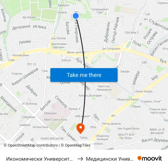 Икономически Университет - Нов Корпус / University Of Economics - New Building to Медицински Университет „Проф. Д-Р Параскев Стоянов“ map