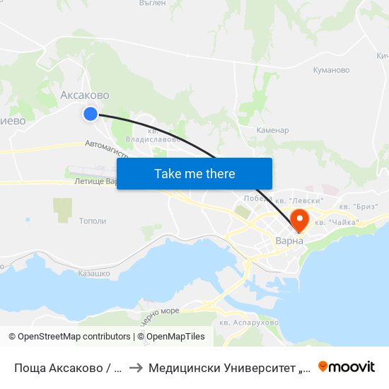 Поща Аксаково / Aksakovo Post Office to Медицински Университет „Проф. Д-Р Параскев Стоянов“ map