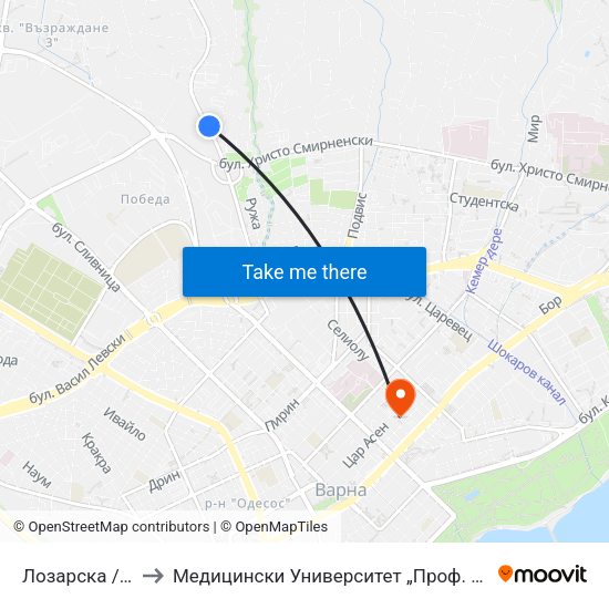 Лозарска / Lozarska to Медицински Университет „Проф. Д-Р Параскев Стоянов“ map