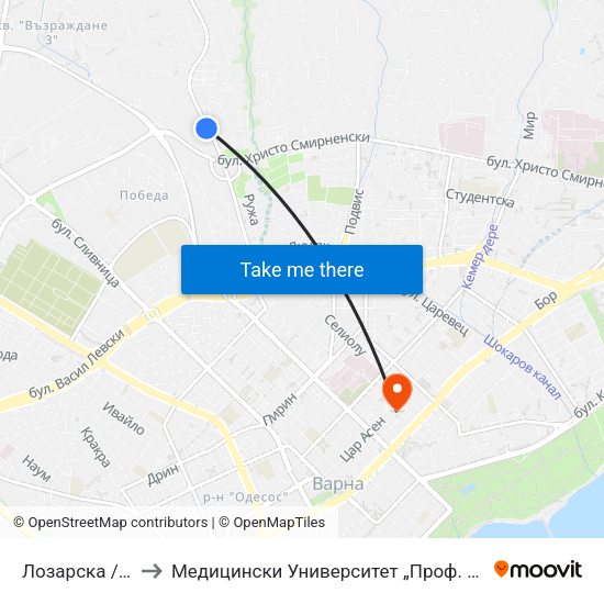 Лозарска / Lozarska to Медицински Университет „Проф. Д-Р Параскев Стоянов“ map
