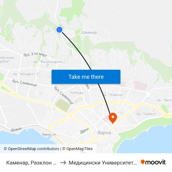 Каменар, Разклон / Fork Road For Kamenar to Медицински Университет „Проф. Д-Р Параскев Стоянов“ map