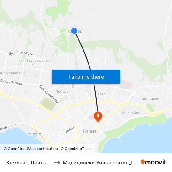 Каменар, Център / Kamenar, Centre to Медицински Университет „Проф. Д-Р Параскев Стоянов“ map