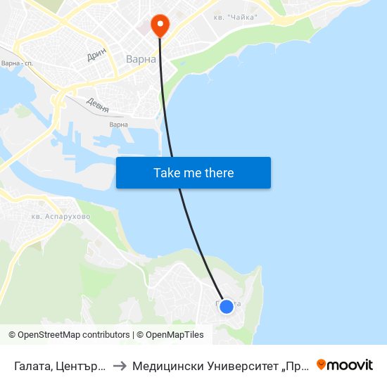 Галата, Център / Galata, Centre to Медицински Университет „Проф. Д-Р Параскев Стоянов“ map