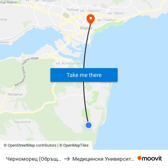 Черноморец (Обръщач) / Chernomorets (Turn Spot) to Медицински Университет „Проф. Д-Р Параскев Стоянов“ map