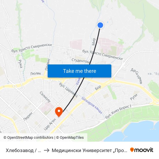 Хлебозавод / Bread Factory to Медицински Университет „Проф. Д-Р Параскев Стоянов“ map