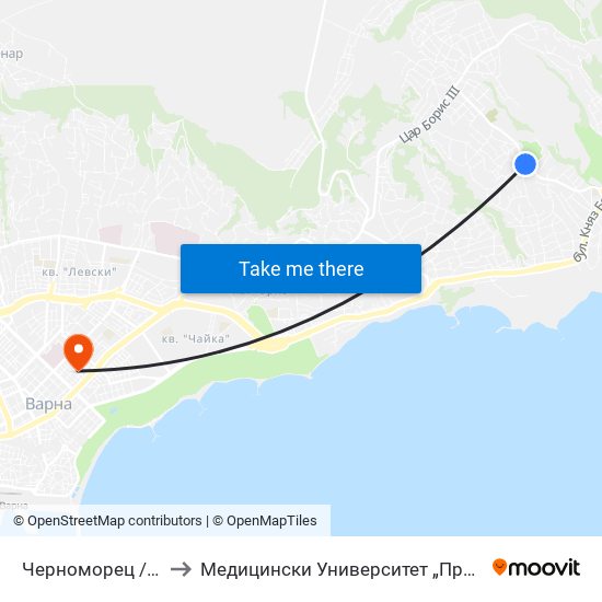 Черноморец / Chernomoretz to Медицински Университет „Проф. Д-Р Параскев Стоянов“ map