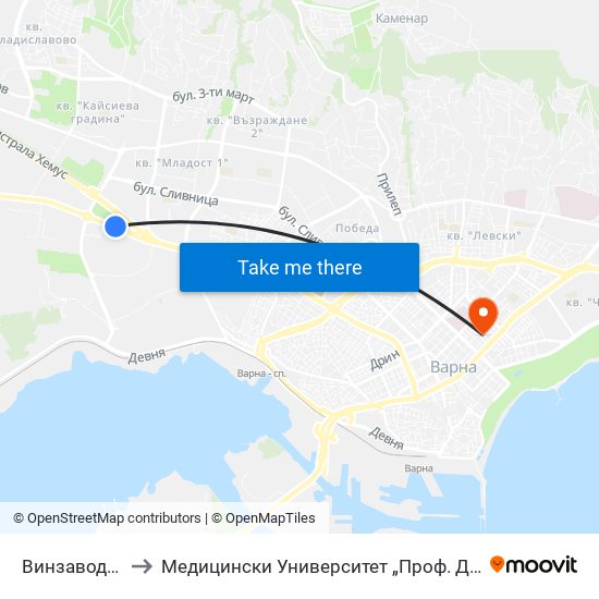 Винзавод / Winery to Медицински Университет „Проф. Д-Р Параскев Стоянов“ map