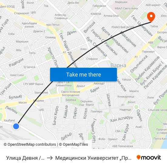 Улица Девня / Devnya Street to Медицински Университет „Проф. Д-Р Параскев Стоянов“ map