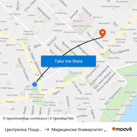 Централна Поща / Central Post Office to Медицински Университет „Проф. Д-Р Параскев Стоянов“ map